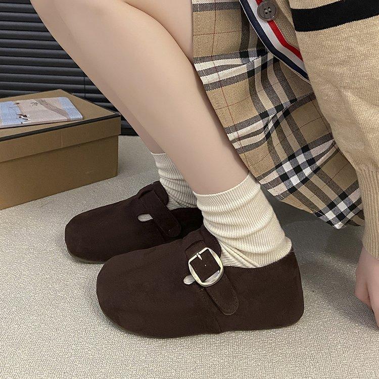 Retro Leather Inner Height Increase Boken Shoes Women's 2025 Autumn New Belt Buckle Round Head Ugly Cute Mori One-pedal Single Shoes
