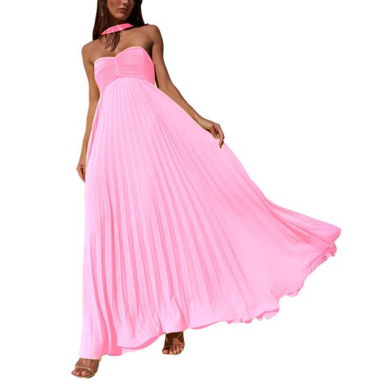 

Женское платье-макси без бретелек с открытыми плечами, плиссированное длинное платье с шейным платком, летнее струящееся вечернее платье для коктейльной вечеринки или выпускного вечера XL розовый
