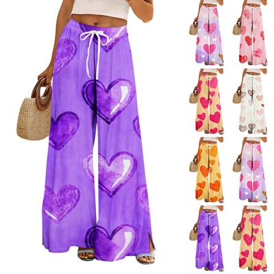 Calças Palazzo Boho de Verão para Mulheres Cintura Alta Perna Larga Estampadas Calças Casuais Com Bolsos