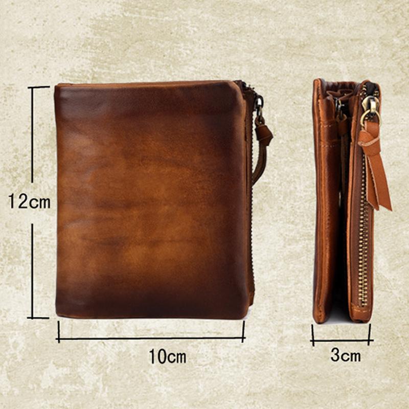 Vintage-Herren-Geldbörse aus echtem Leder, Retro-Geldbörse aus Rindsleder mit oberer Schicht für Männer, vertikale Geldbörse mit 2 Reißverschlusstaschen