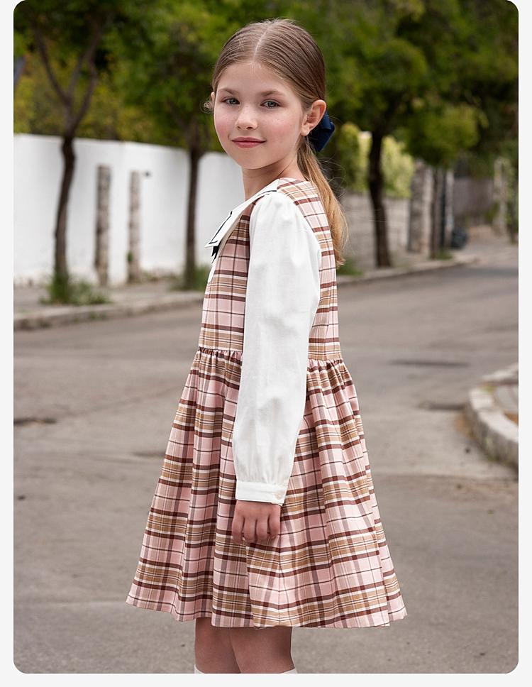 David Bella Girls' Checkered Dress Autumn Dress Children's Dress Girls' College Style Dress