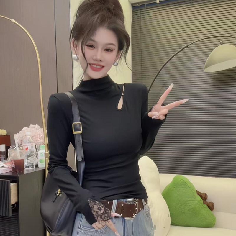 Damen Elegante Schlanke Passform Hoher Kragen Cut-Out Fleece Thermo-Unterhemd - Langarm Herbst/Winter Oberteil