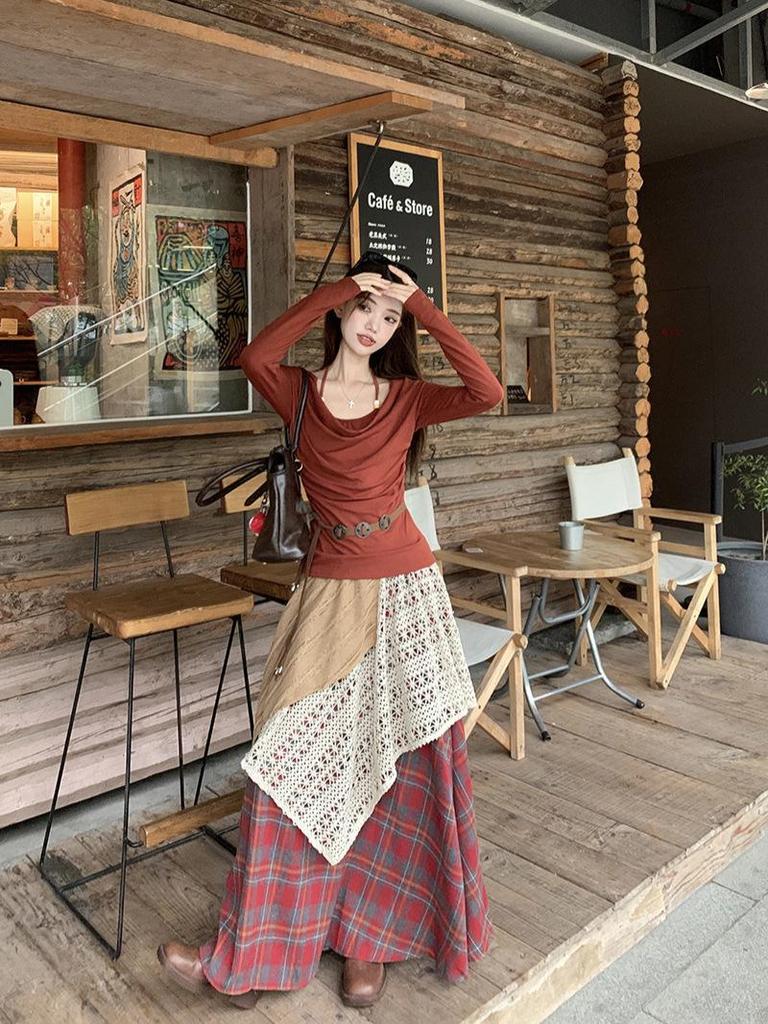 Retro Japanese Ethnic High-Waisted Slim Long Skirt for Women - Autumn/Winter Spliced Design