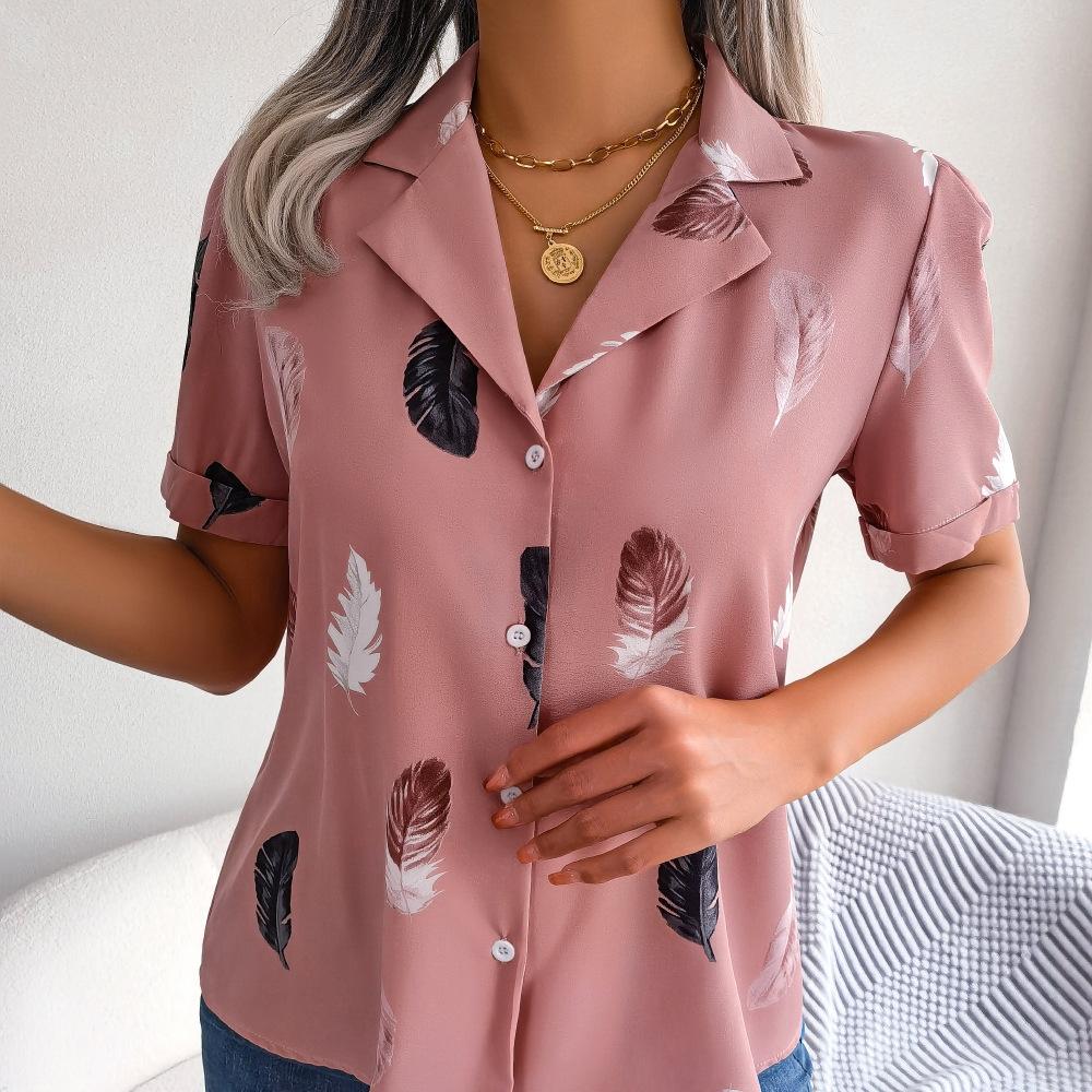 

GMXIA женская мода повседневное лето с принтом перьев с коротким рукавом свободный костюм воротник блузки и темпераментные рубашки с перьями XL розовый