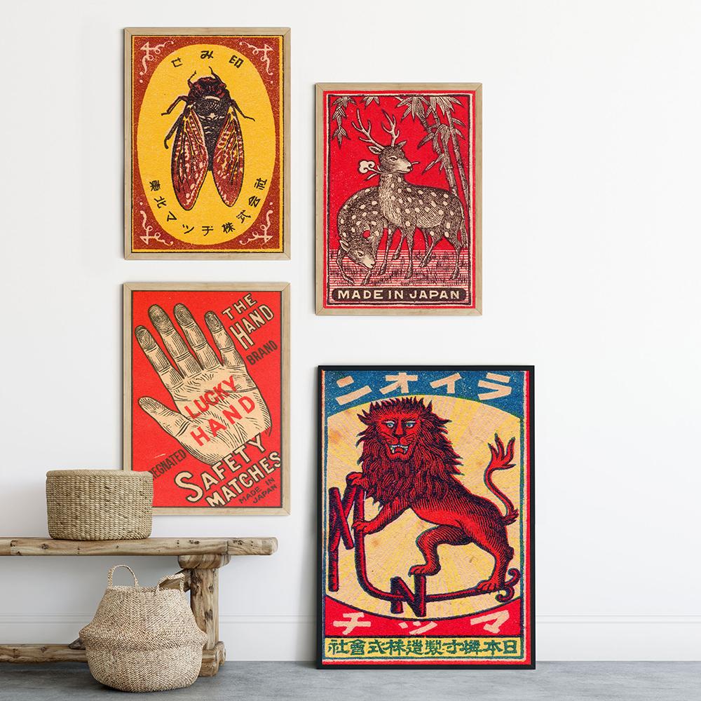 The Lucky Hand Animal Matchbox Print Wall Art Vintage Japan Canvas Poster Deer Cats Lion Cicada Painting Picture Home Room Decor