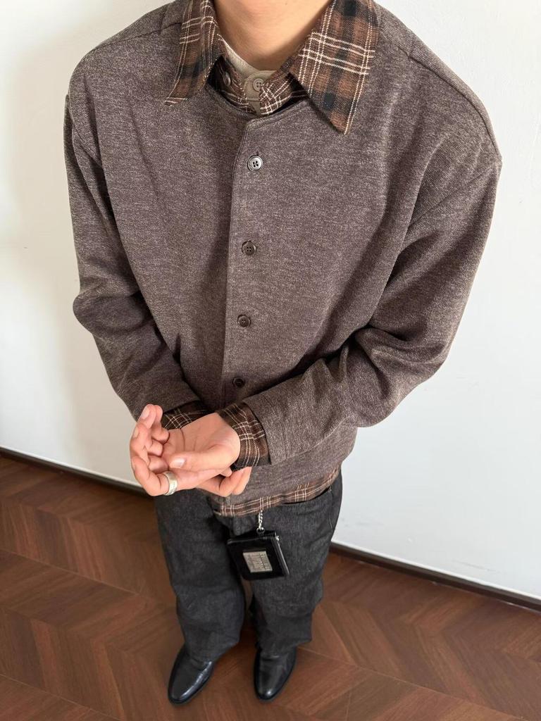 2025 Spring/Autumn Retro Faux Two-Piece Patchwork Knit Cardigan with Shirt Collar