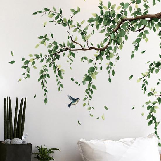 2 Pcs Large Green Tree Leaves Wall Stickers Hanging Vine Wall Decals Peel And Stick Branch Birds Wall Murals for Living Room TV Background Bedroom