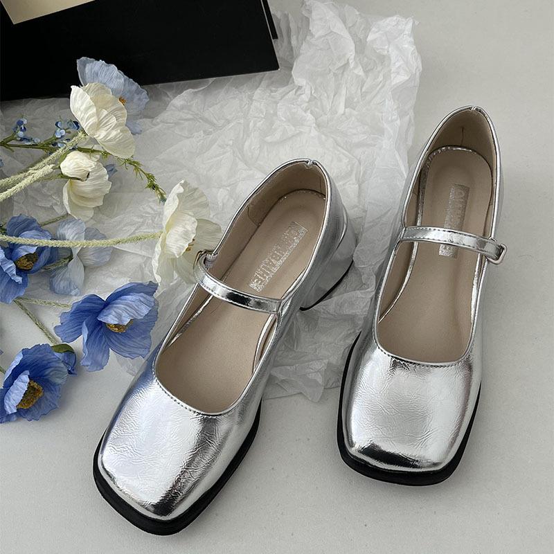 Versatile light mouth square head French single shoes women's 2025 spring and autumn new evening shoes retro thick heel silver Mary Jane shoes