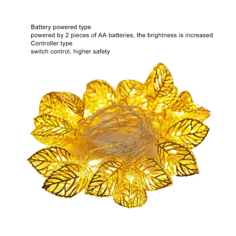 Rose Gold String Lights 20 LEDs Waterproof Battery Powered Hollowed Out Leaf Lights String Party Door Indoor