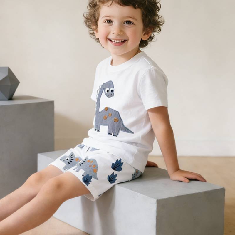 Malwee Boy Summer Cotton T Shirt And Shorts Set With Cartoon Dinosaur Prints For Kids Ages 3 To 8