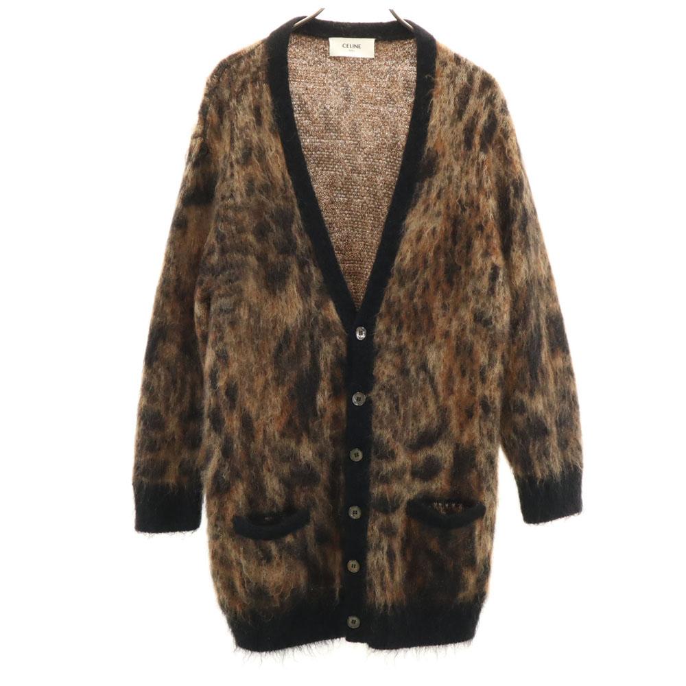 Celine Italian Mohair Blend Leopard Pattern Long Sleeve Cardigan S Brown Men's Used
