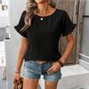 Women Summer Ruffles Short Sleeve O Neck Back Button Solid Color Pullover Shirt Top