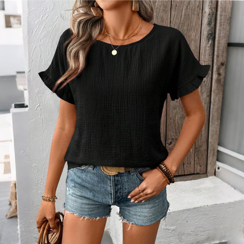Women Summer Ruffles Short Sleeve O Neck Back Button Solid Color Pullover Shirt Top