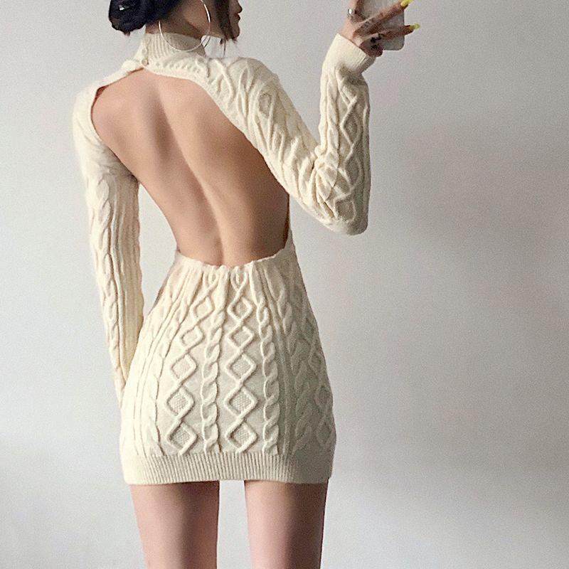 Retro French Spicy Cream Knit Dress: Subtle Backless, Sexy Round Neck Short Skirt for Autumn