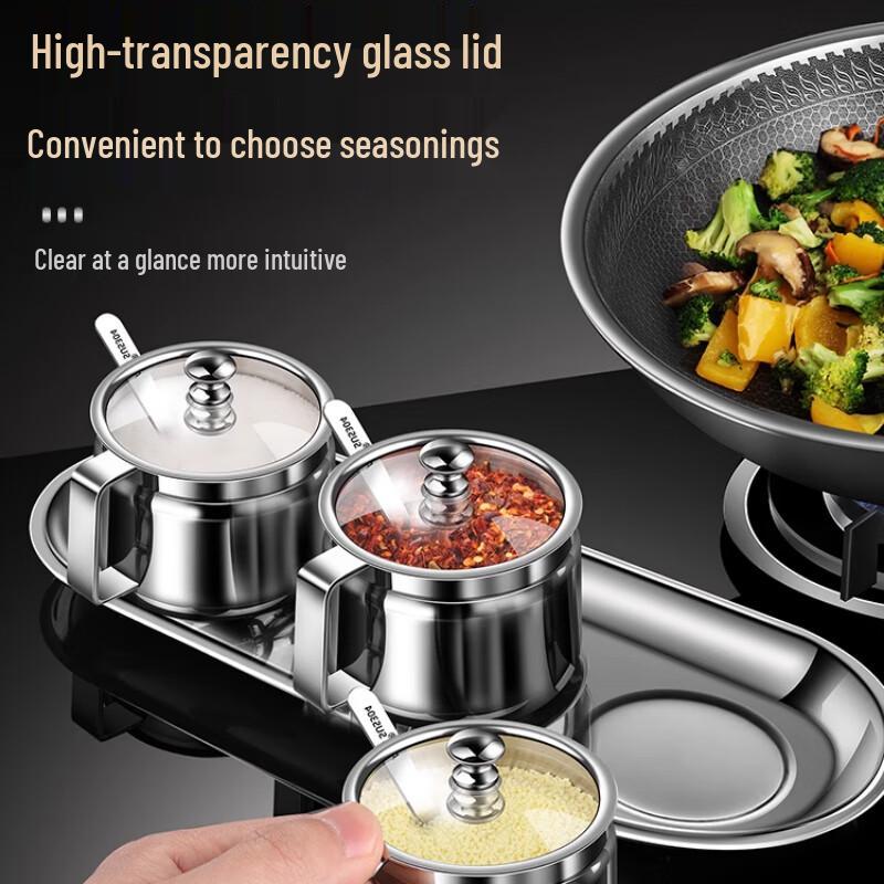 Modern 3-Piece 304 Stainless Steel Seasoning Jar Set with Base
