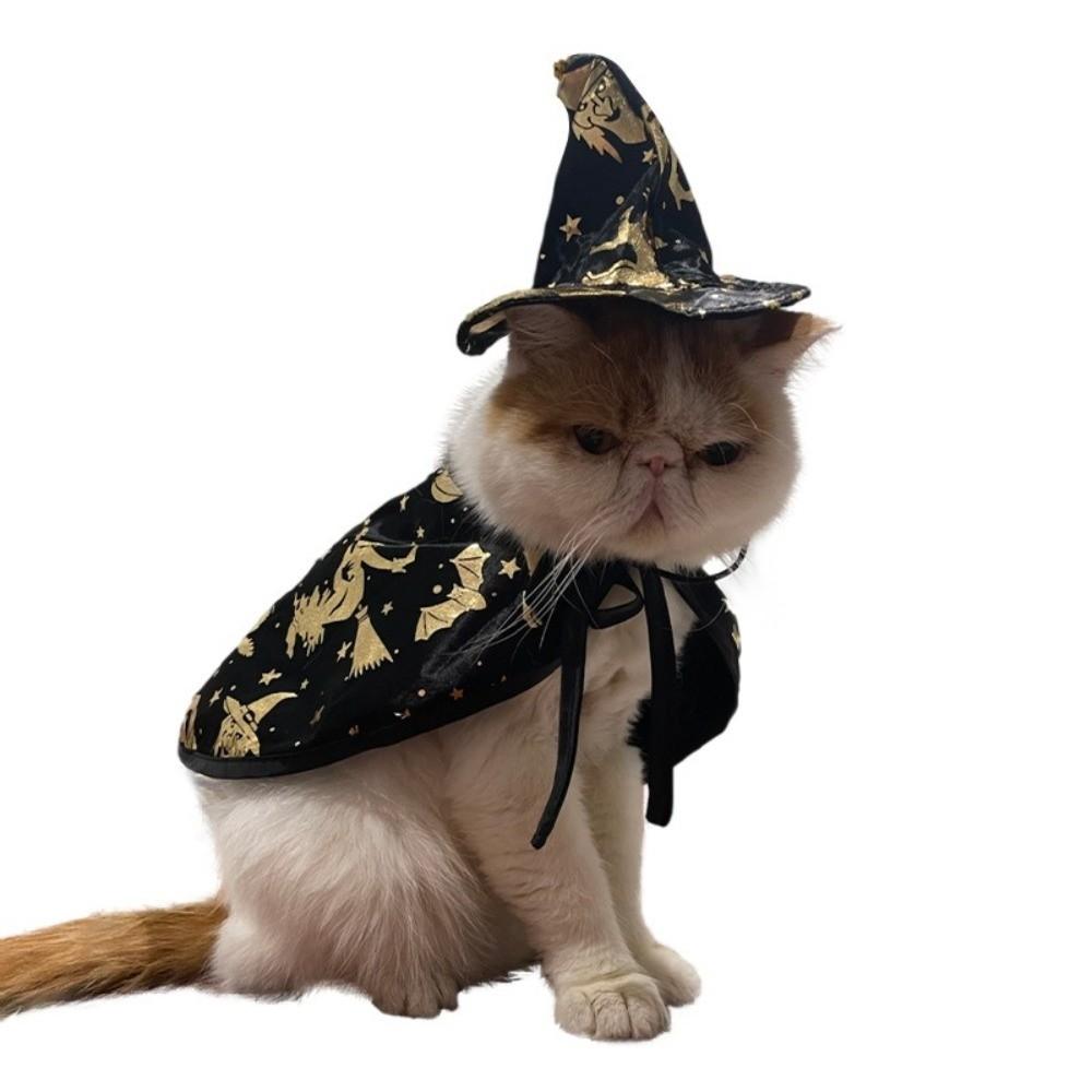 Black Gold Wizard Hat Cape Set Halloween Cat Dog Suit New Pet Cosplay Costume  Party Accessories