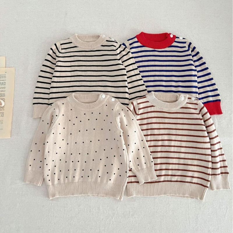 Maglioni per neonati per ragazzo e ragazza, maglione in cotone neonato con scollo tondo a righe e fondo a pois