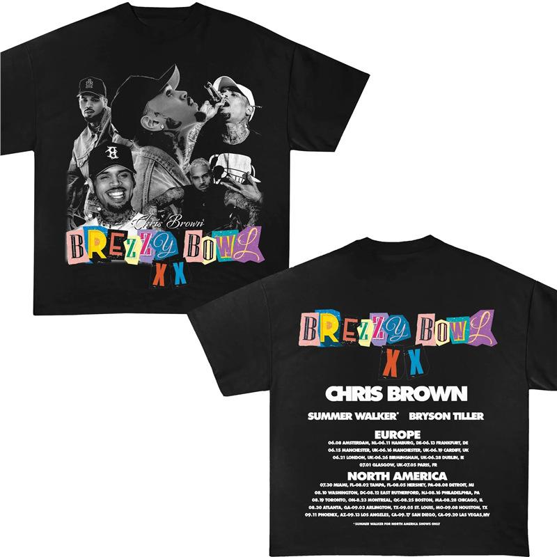 Hip Pop Chris Brown Breezy Bowl XX Concert Tour Cotton TShirt Vintage Short Sleeve Round Neck Print Casual Style for Women Men