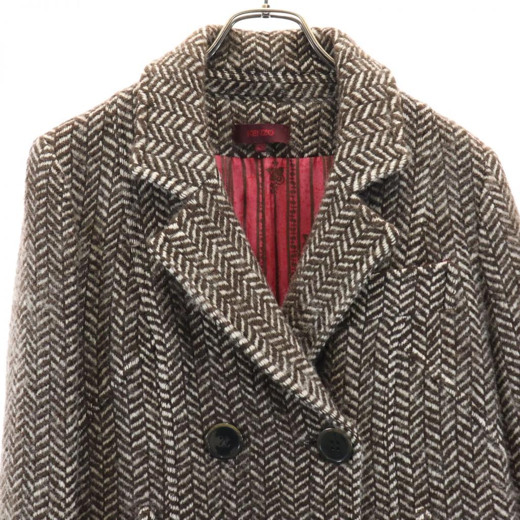 KENZO Made in France Herringbone Pattern wool Chester coat 42 Brown Women Used