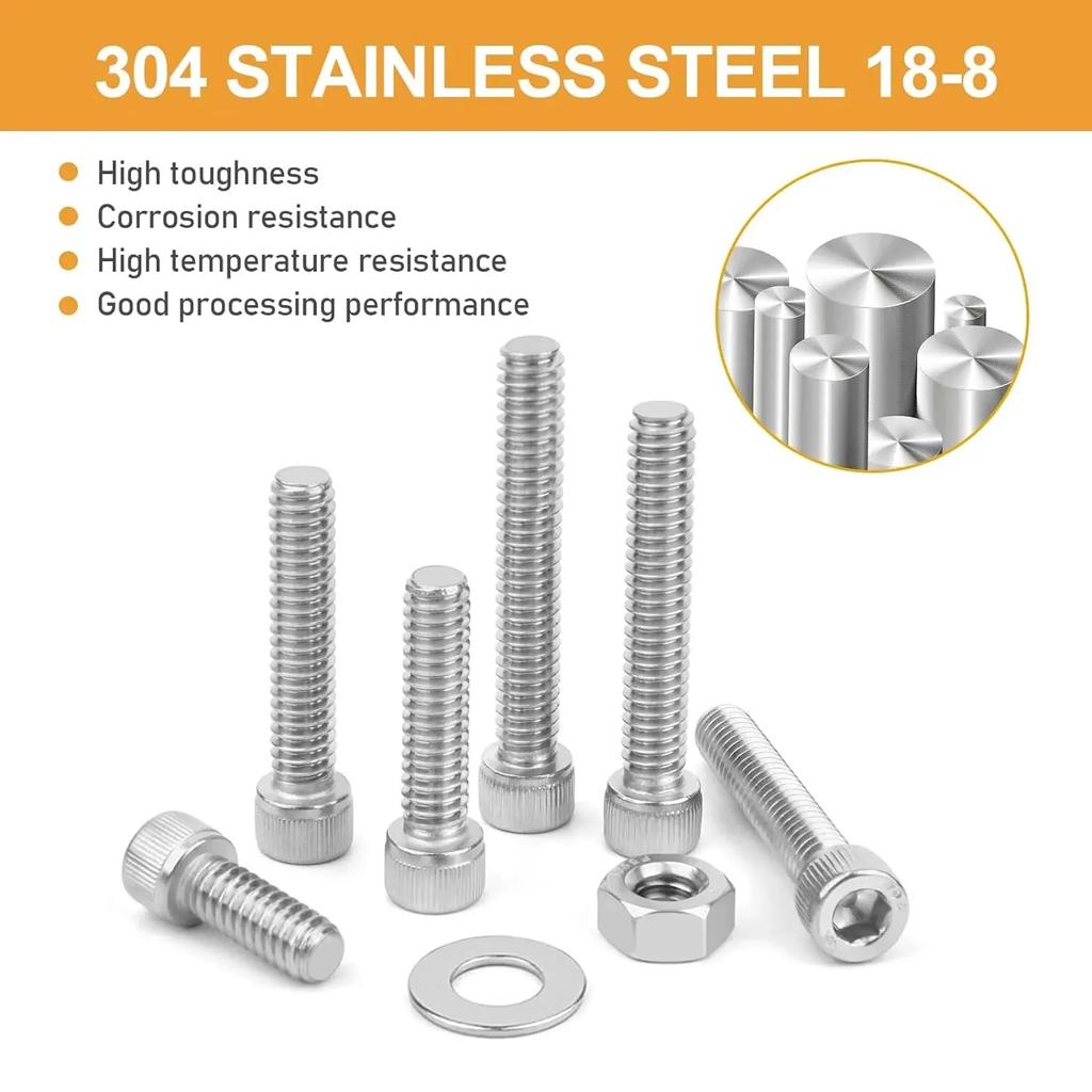 96Pcs M6 Hexagon Head Screw And Nut Set, M6 X 8/12/16/20mm Stainless Steel Screw Set, Cup Head Screw With Allen Wrench