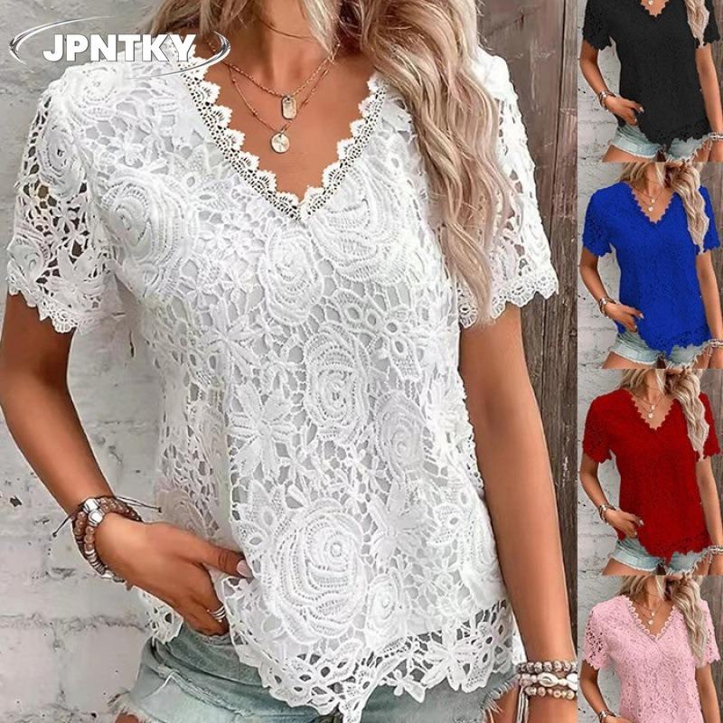 JPNTKY Women's Fashion Casual Solid Color Print Short Sleeve V Neck Blouses & Shirts Unique Design