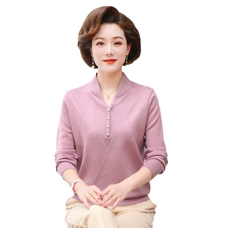 2023 Autumn/Winter New Arrival: V-Neck Knitted Sweater for Middle-Aged & Elderly Women - Fashionable, Long Sleeve, Plus Size, Loose Fit Mother's Wear