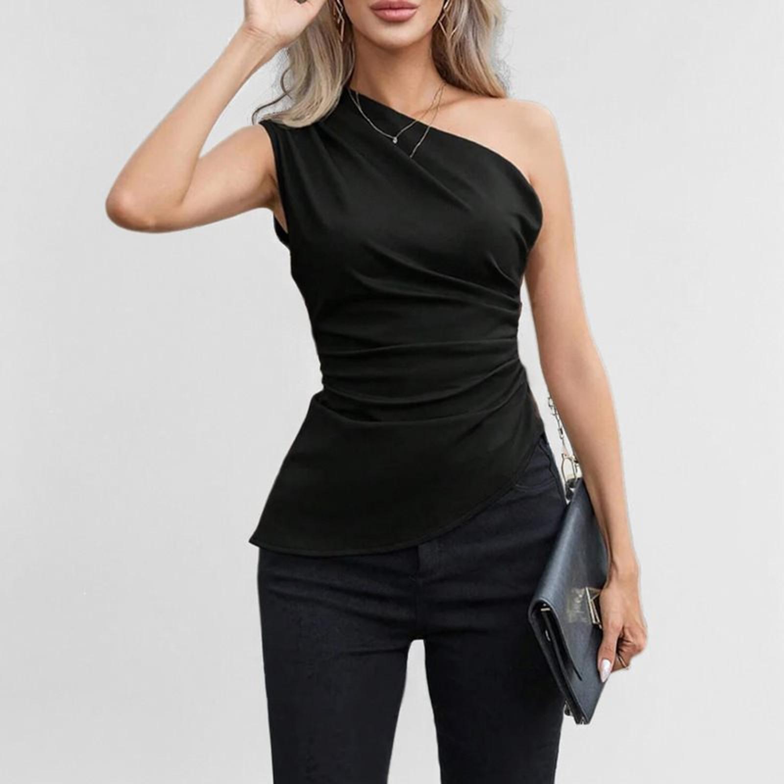 Women sfashionable Casual Sleeveless Sloping Neck One-shoulder Pullover Top L