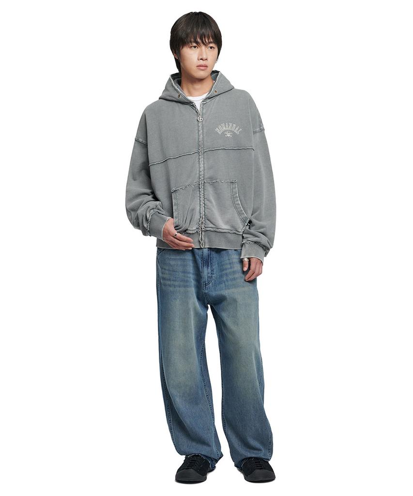 Nomanual Raw Edge Hooded Zip-Up - Washed Gray