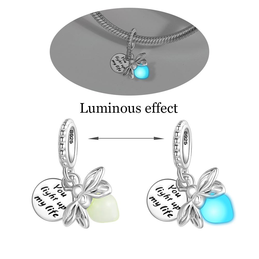925 Silver Luminous Firefly Love Guitar Beads Pendant Fit Bracelet DIY Women Jewelry Gift