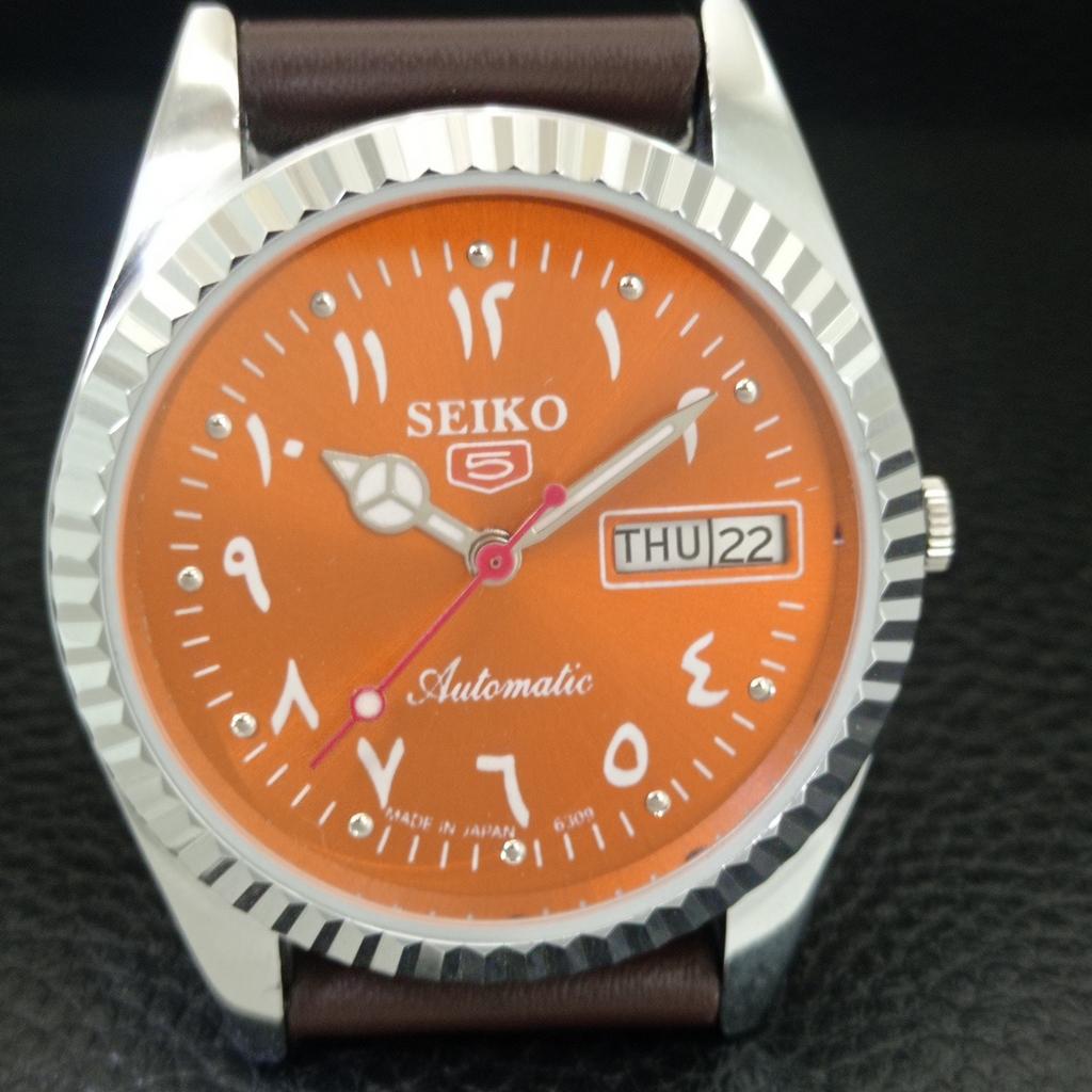 VINTAGE SEIKO 5 AUTOMATIC 6309A JAPAN MENS REFURBISHED ORANGE WATCH a442510-1