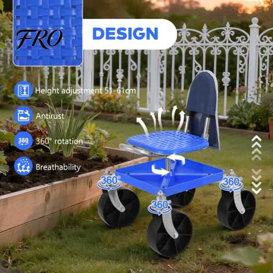 Gardening Work Seat Rolling Seat, Height Adjustable Garden with Wheels, Heavy Duty Cart Tool Storage Tray for Seniors Yard Patio Work, 330
