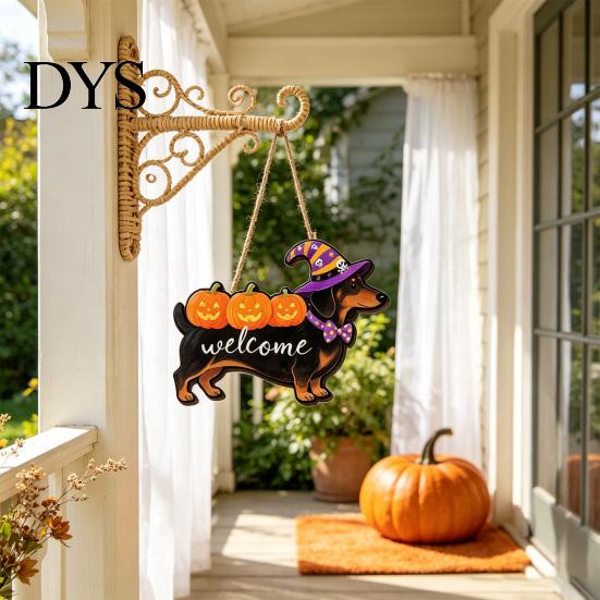 Fall Home Accents Halloween Ghost Welcome Door Hanger, Cute Wooden Sign with Witch Hat & Pumpkin Wall Elements, Indoor Outdoor Decor for Holiday Porch