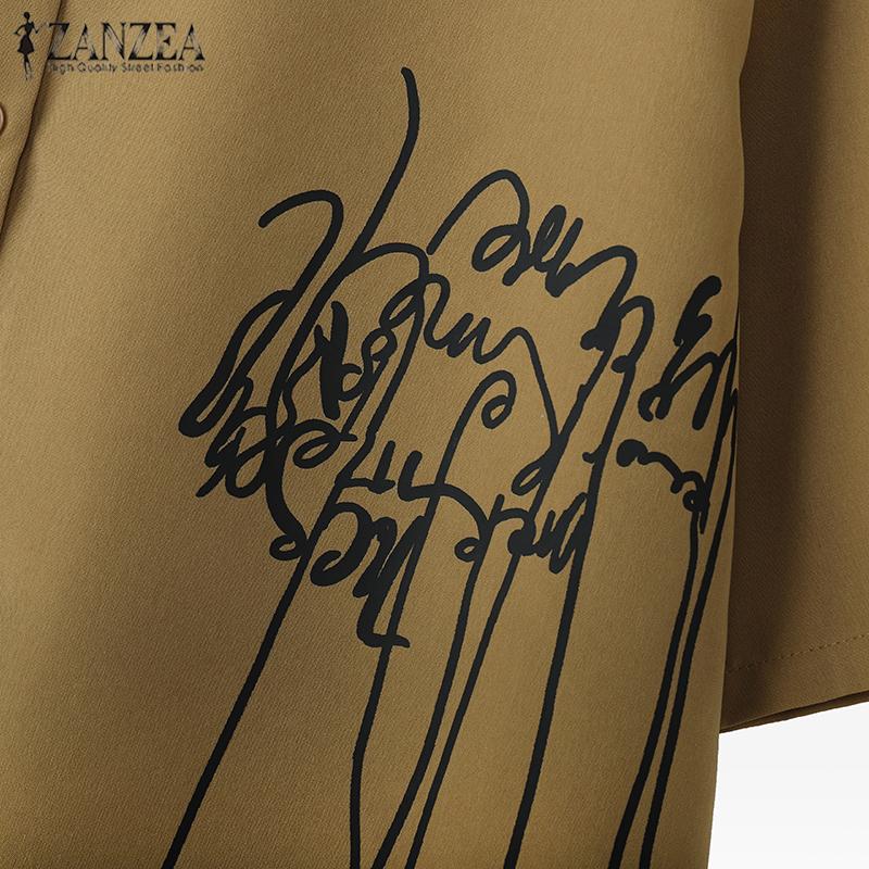 ZANZEA Damen Bluse mit Umlegekragen und kurzen Ärmeln, unregelmäßigem Saum und lässigem Print