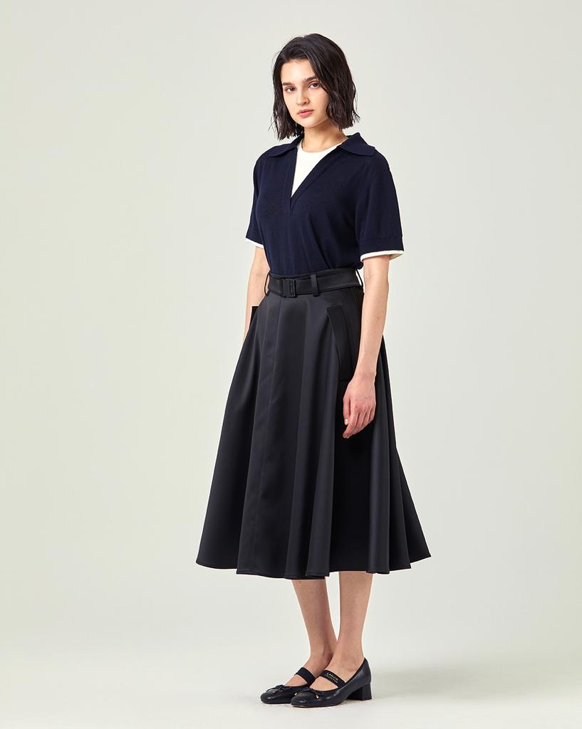 Lebeun Satin Belted Flare Skirt