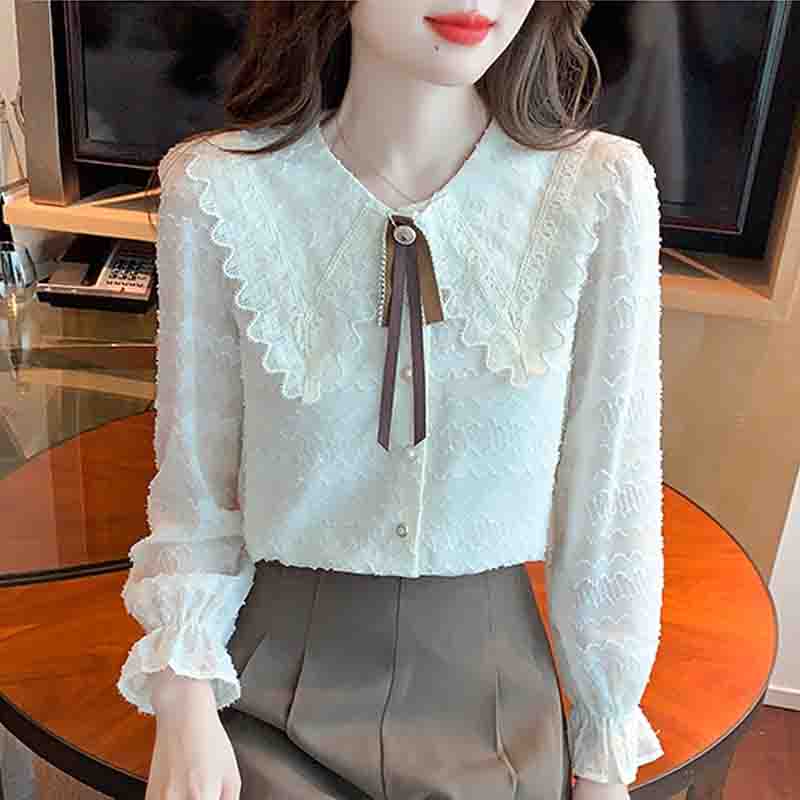 Fashion New 2024 Autumn Long Sleeve Doll Collar Casual Apricot Blouse Shirt Women Tops Blouses Shirts J567