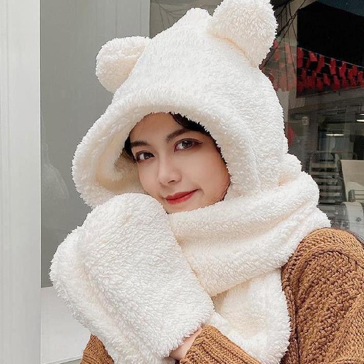 Winter fashion bear four-piece set cute thickened warm cold autumn and winter scarf one-piece trend popular hat woman