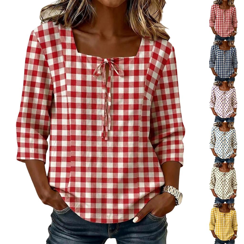 Women's Trendy Plaid Blouse Square Neck 3/4 Sleeve Shirt, Casual Button Down Top for Work and Everyday