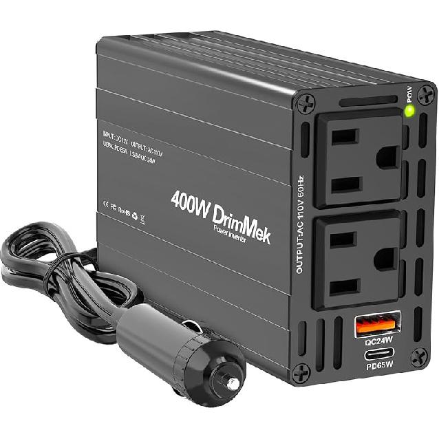 400W Car Power Inverter - Dual DC 12V to 110V AC Car Plug Adapter Outlets, Fast Charging USB C 65W & 24W Port, Power Inverters for Vehicles, Laptop