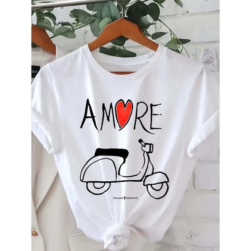 European sizes Women's Amore Short Sleeve T-Shirt - Minimalist Print Crew Neck Top, Casual Everyday Blouse for Spring Summer Outfits