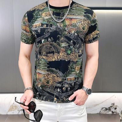 T-shirt z nadrukiem z jedwabiu lodowego, z krótkim rękawem, męski, letni, cienki, oddychający top dla młodzieży, casualowy, sportowy, z wycięciami, koszulka bazowa z krótkim rękawem