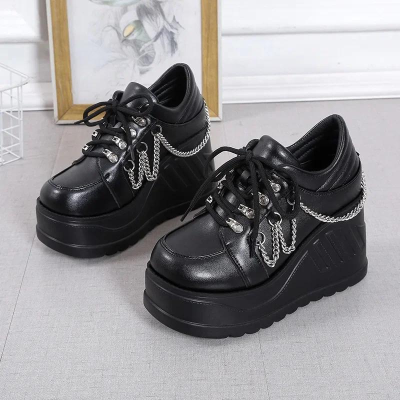 Fashion Punk Style Thick Heel Women's Single Shoes Leather Material Increased Height 9cm Large round Head High Heel Summer Shoes