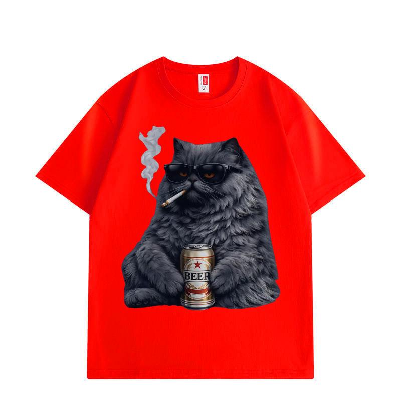 Funny Cat Smoking and Drinking Graphic T Shirts High Street Fashion Trend Short Sleeve T-shirt Men Women Cotton T-shirts