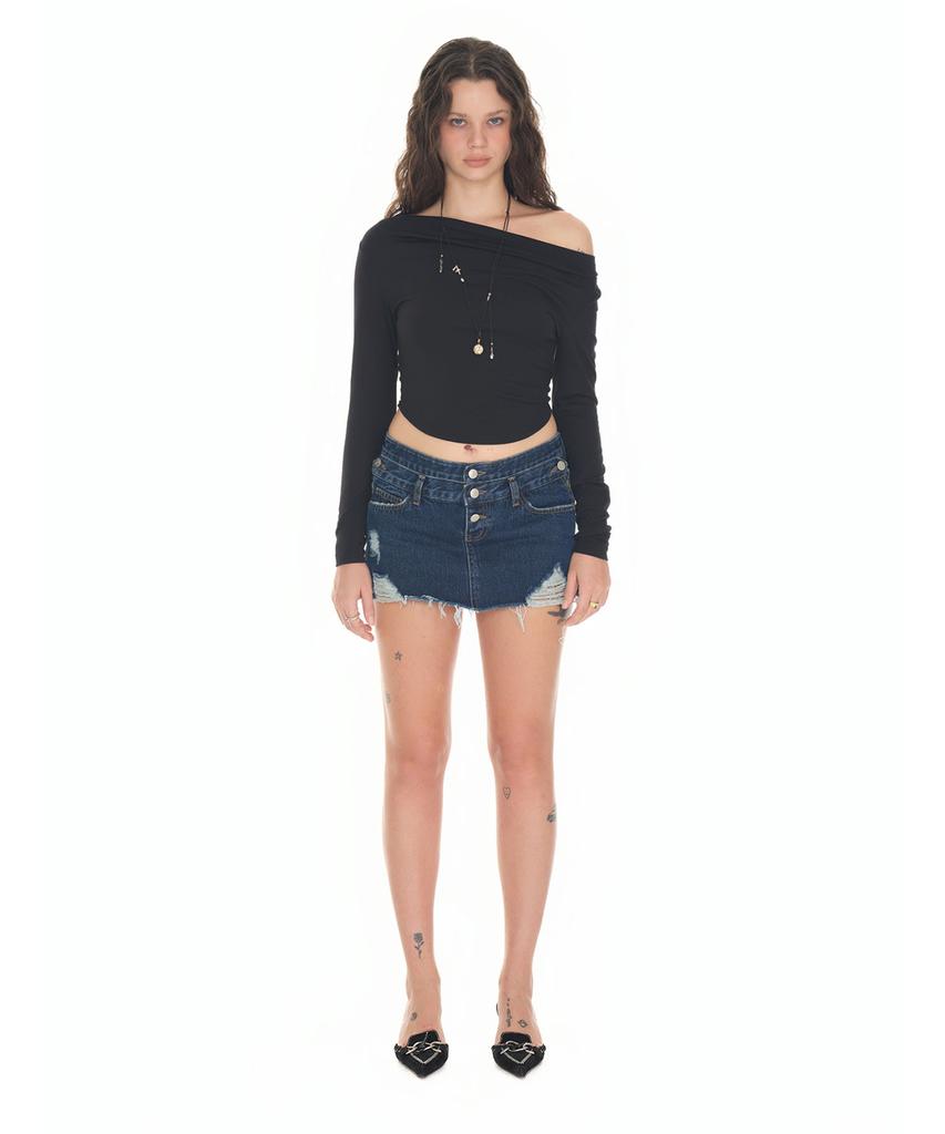 TOOMUCHTAX One Shoulder Long Sleeve Top Black