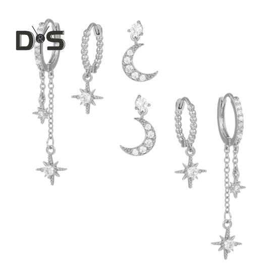 

3 пары женских сережек в форме луны и звезды с подвесками из меди и гальваническим покрытием, серьги-гвоздики со стразами для выпускного вечера, вечеринки, свидания, украшения для ушей серебряный
