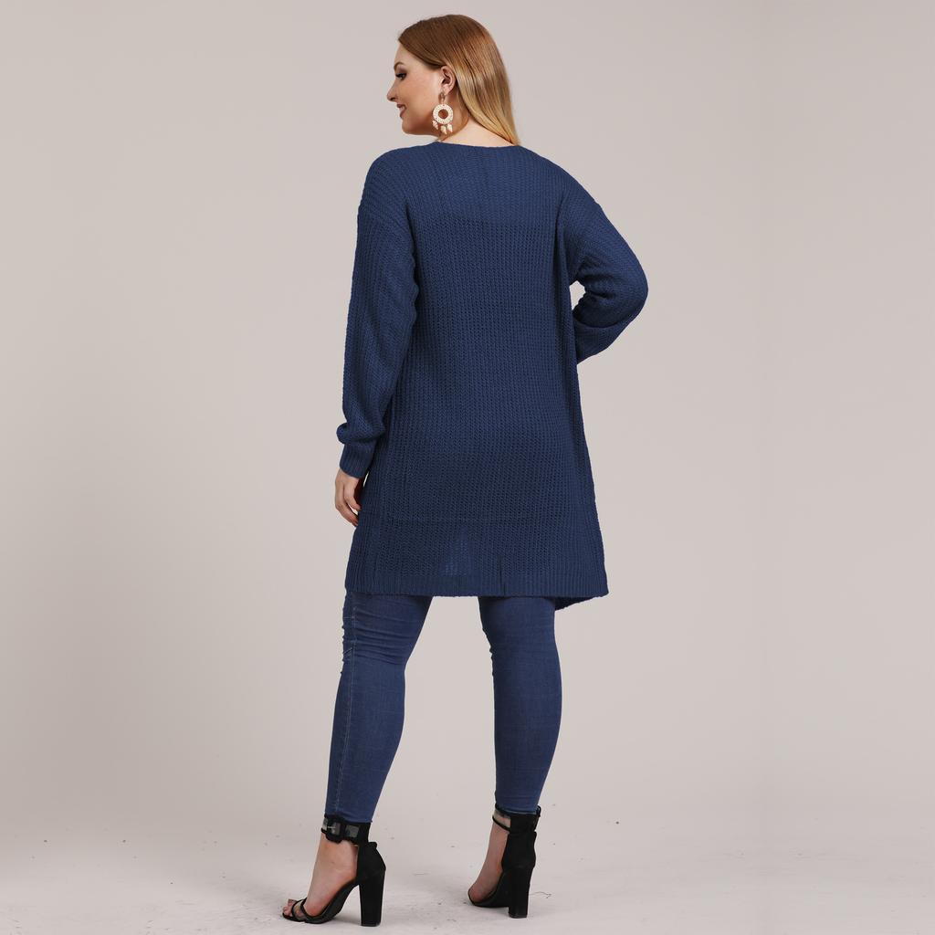 Autumn and Winter Large Size Women's Pocket Knitted Cardigan Mid-Length Sweater