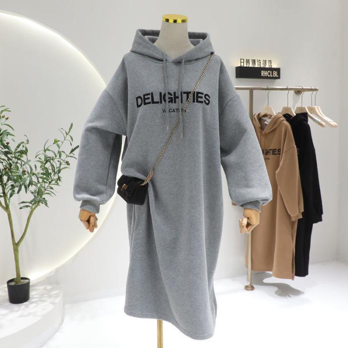 

YYFS Женская мода Осень Зима Длинный рукав С капюшоном Свободная талия Повседневные платья Size: One Size светло-серый