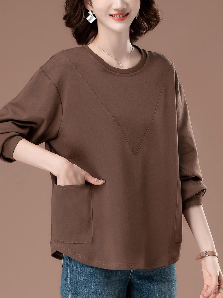 Plus Size Solid Color Long-Sleeve Shirt for Middle-Aged Women - Versatile Slimming Base for Spring & Autumn