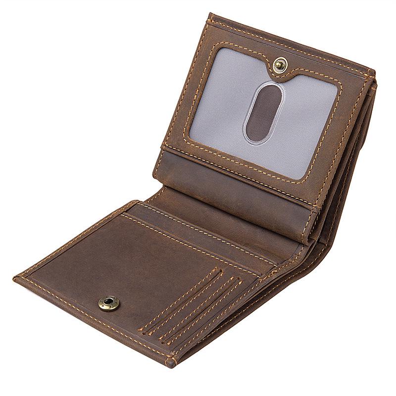 Jiamida Retro Men's Genuine Crazy Horse Leather RFID Wallet - Short, Multi-Card Coin Purse