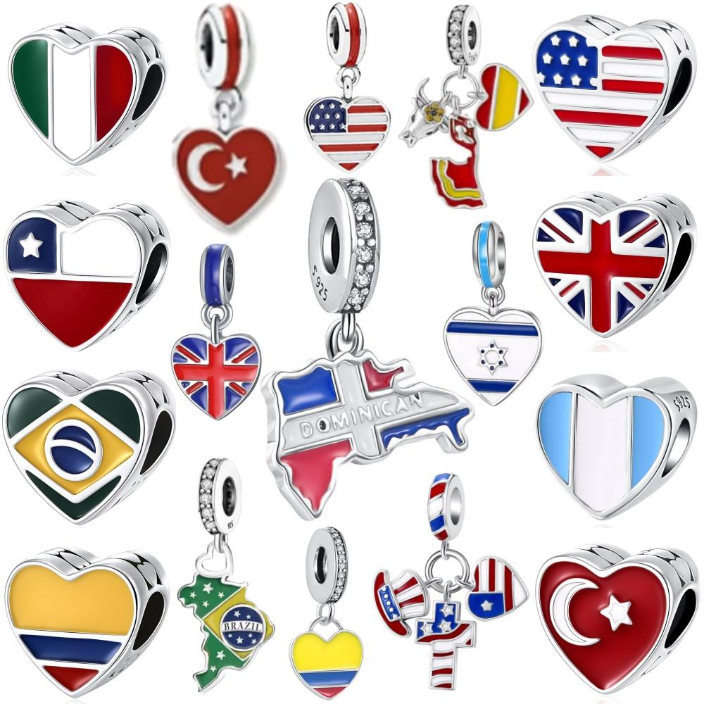 Brandneue Kupfermetall-, Amerikanische, Britische, Türkische, Italienische, Kolumbianische Flaggen-Perlenkomponenten Anhängerperlenkomponente Europäische Authentische Original-Armband