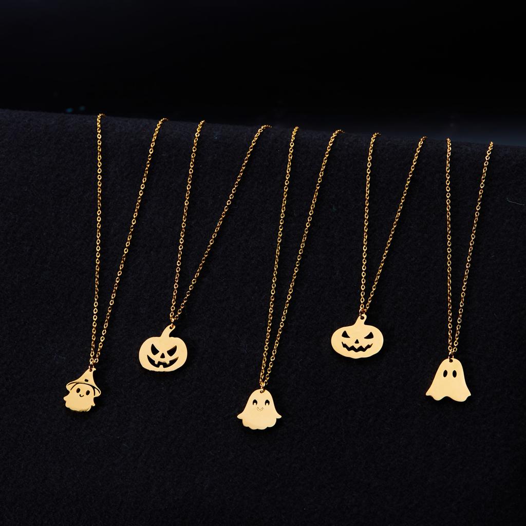 316L Stainless Steel Halloween Ghost Pendant Pumpkin Necklace for Women Men Gold Color Cat Necklace Friendship Jewelry Gift